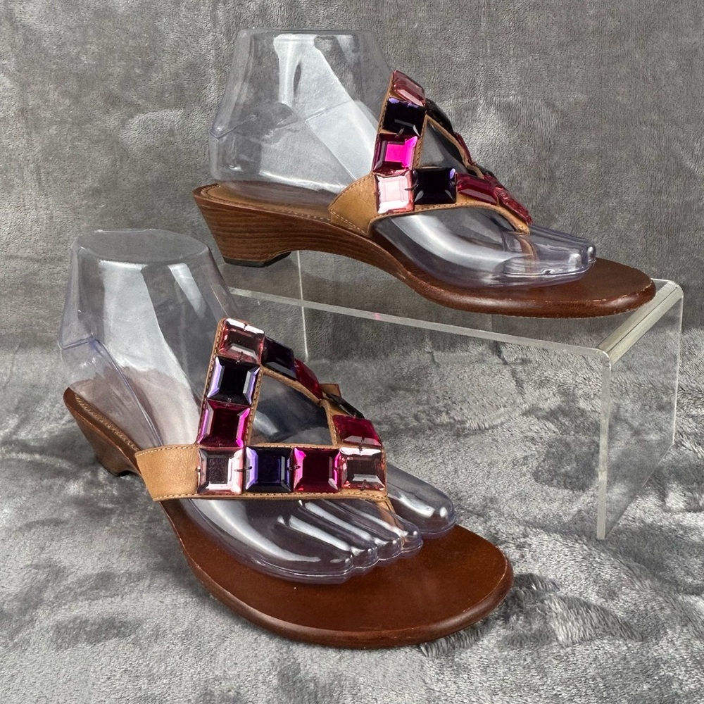Cole Haan Brown Leather Flip Flops‎ Womens Size Sandals W/ Crystals Rhinestones